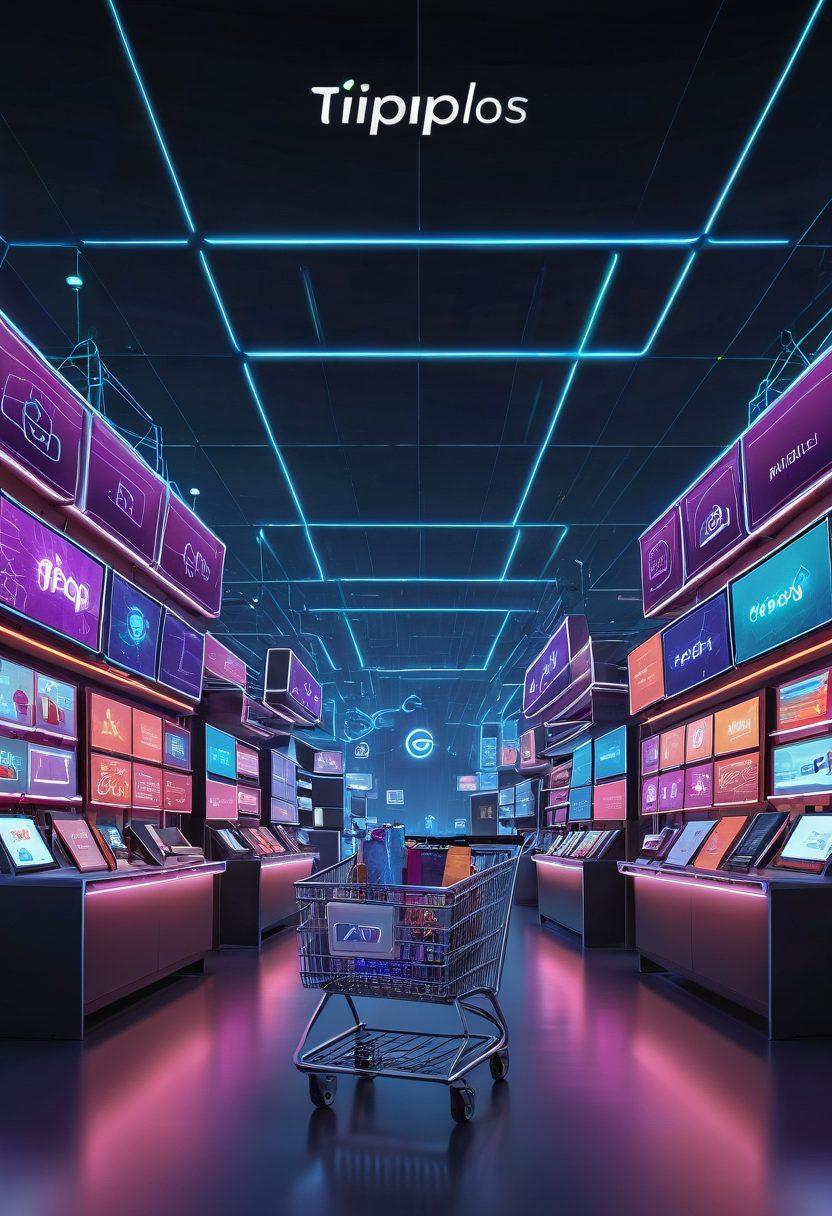 A dynamic, futuristic e-commerce landscape featuring diverse shopping carts, digital stores, and interconnected devices. Tipplo's logo is centrally positioned, glowing with energy, surrounded by tech-savvy experts guiding businesses towards growth and success. Superimpose holographic charts and graphs showing upward trends. Use vibrant colors and a sleek, modern style. super-realistic. vibrant colors. futuristic.