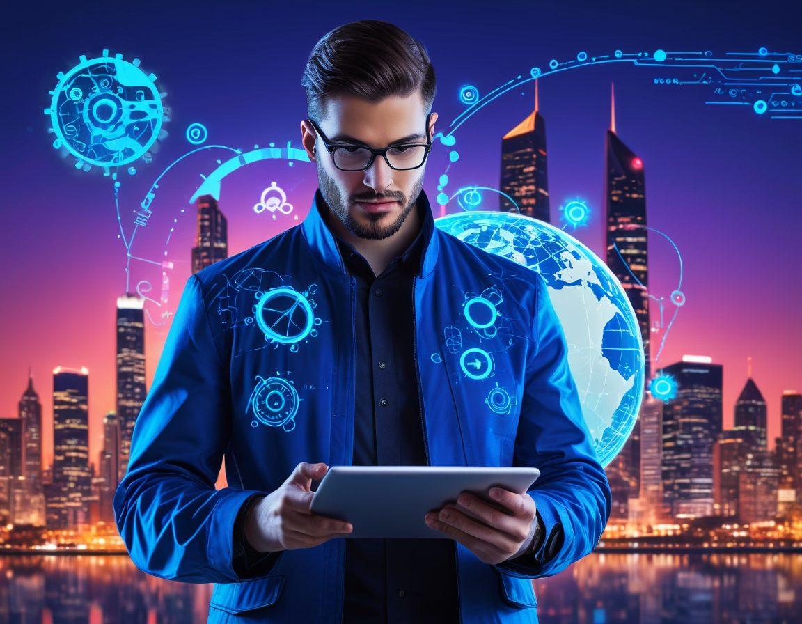 A dynamic, modern web interface filled with floating digital elements like coding symbols, gears, and globe icons, all interconnected with sleek lines. The background should have a futuristic cityscape embedded with lively, glowing colors. An expert consultant character stands confidently in the foreground holding a tablet that emits blue light. Painting. vibrant colors.